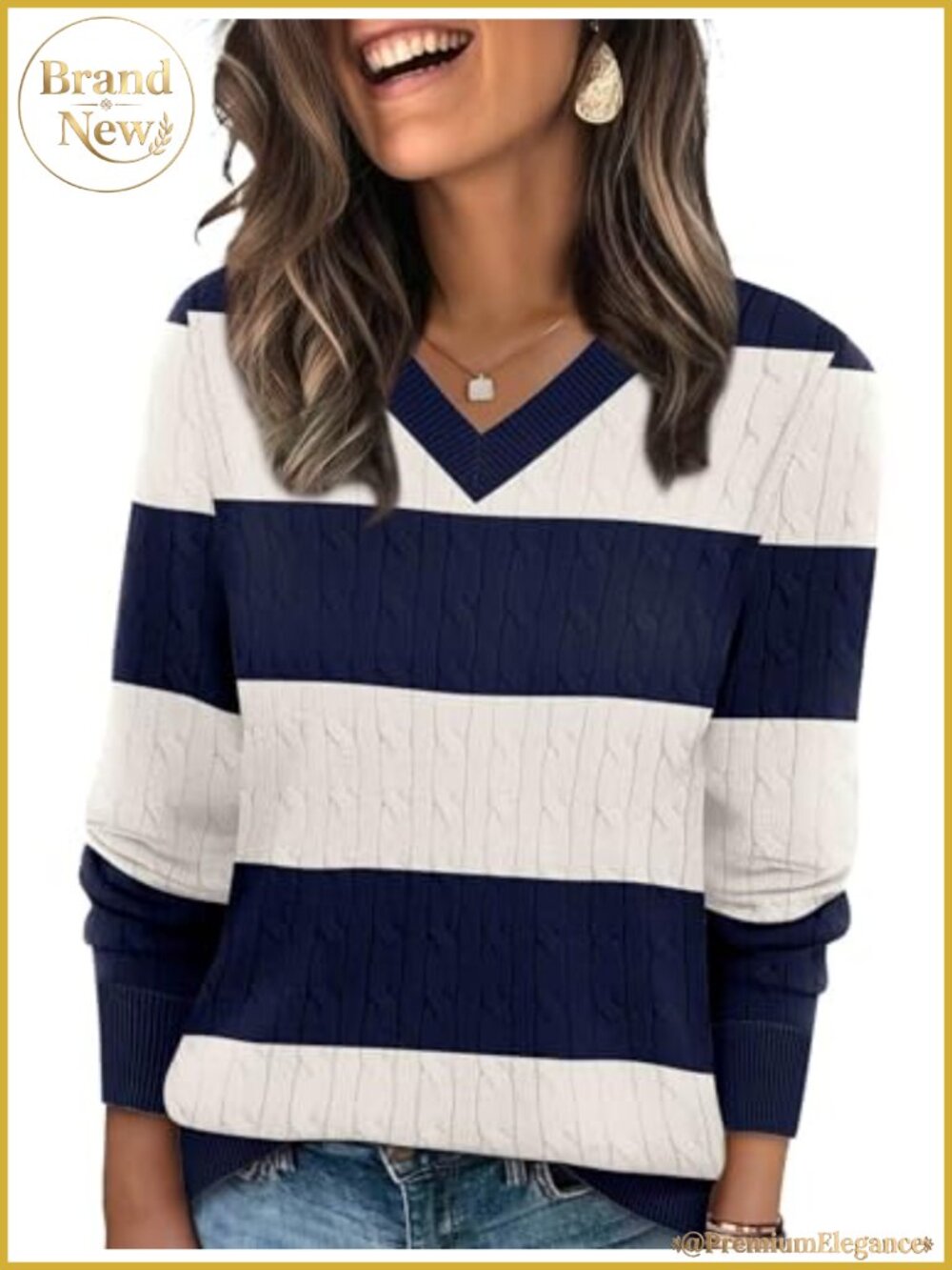Cable Knit V-Neck Pullover Sweater for Women - Soft Lightweight Long Sleeve